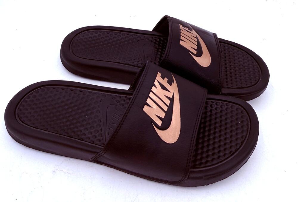 Nike Benassi JDI Women's Black Rose Gold Logo Slide Sandals 343881-007 SIZE 8